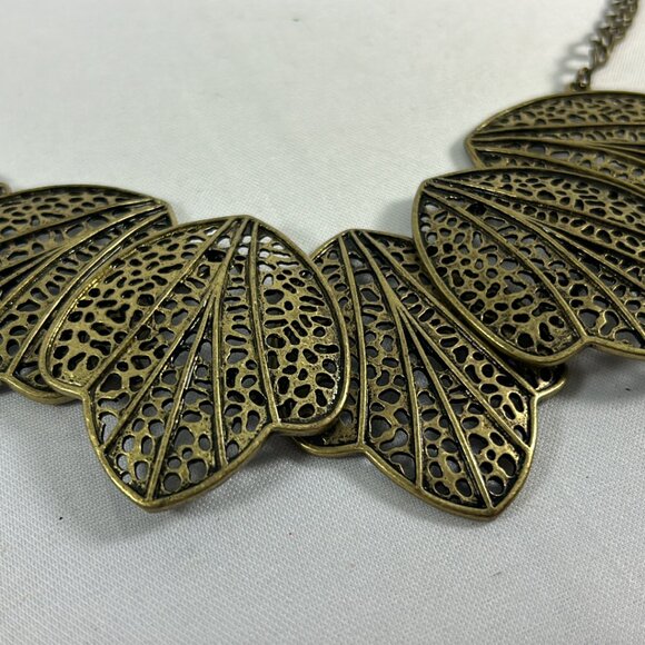 Gold Brass Tone Open Leaf Bib Necklace Statement Metal Unique Adjustable 17-19" - Picture 4 of 8